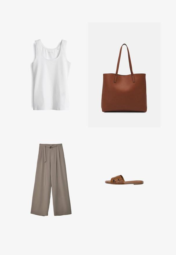 Weißes Tanktop mit einem runden Ausschnitt, hergestellt aus glattem, leichtem Stoff. Verfügt über breite Träger und einen geraden Saum.; Weite Hose aus einem weichen, gedämpften grauen Stoff, mit einem taillierten Bund und Falten für zusätzliche Design-Details. Glatte Textur, keine Muster.; Braune Leder-Sandale mit gekreuzten Riemen, flacher Sohle und glatter Textur. Schlichtes Design ohne Verzierungen oder Muster.; Braune Leder-Tote mit glatter Textur, offenem Oberteil und zwei Schulterriemen. Verfügt über minimale Nähte und keine sichtbaren Beschläge.