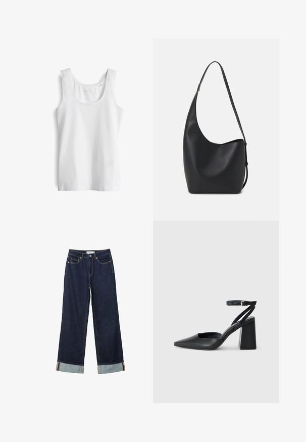Top bianco a canotta con scollatura a giro, realizzato in tessuto leggero e liscio. Presenta spalline larghe e un orlo dritto.; Jeans ampi di colore blu scuro con vita alta, dotati di risvolti, cuciture a contrasto e design a cinque tasche. Realizzati in tessuto denim.; Pump in pelle nera con punta affusolata, cinturino alla caviglia e tacco spesso. Texture piatta, design elegante ed estetica minimalista.; Borsa hobo nera in pelle con una superficie liscia, forma curvata e una singola tracolla regolabile; presenta un'ampia apertura nella parte superiore.
