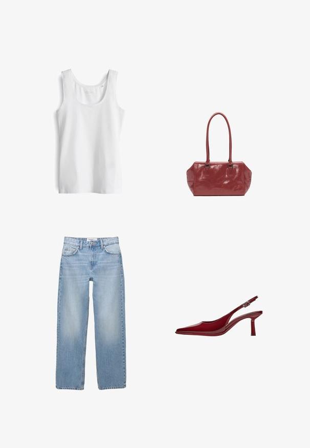 Biała koszulka na ramiączkach z okrągłym dekoltem, wykonana z gładkiego, lekkiego materiału. Posiada szerokie ramiączka i prosty dół.; Jasnoniebieskie dżinsy o prostym kroju, pięć kieszeni oraz widoczne detale przeszycia. Tkanina ma miękką, lekko wyblakłą strukturę.; Bershka - Czółenka; Czerwona, błyszcząca torebka na ramię z dwoma długimi uchwytami, prostokątnym kształtem, gładką strukturą i subtelnym wzorem fałdowania. Posiada srebrny sprzęt.