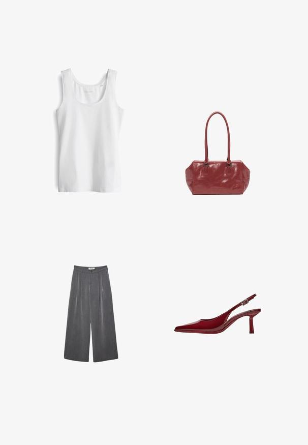 Weißes Tanktop mit einem runden Ausschnitt, hergestellt aus glattem, leichtem Stoff. Verfügt über breite Träger und einen geraden Saum.; Faltenhose mit weitem Bein aus einem dunkelgrauen Stoff mit subtiler Textur. Verfügt über einen Knopfverschluss und ein klassisches Design des Bunds.; Bershka Pumps - dark red; Rote glänzende Handtasche mit zwei langen Griffen, rechteckiger Form, glatter Oberfläche und dezentem Faltenmuster. Ausgestattet mit silberfarbenen Beschlägen.