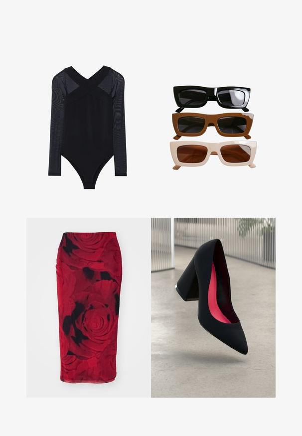 Monecuerpo negro con mangas largas de malla, un escote en V profundo y un diseño ajustado, destacando un tejido suave y una construcción discreta.; Falda lápiz roja hecha de una tela elástica, con un patrón floral de rosas en tonos variados de rojo y negro, y una textura suave.; Zapato de tacón alto negro con puntera afilada, superficie texturizada y un interior de un rosa vibrante. Presenta un tacón grueso con un acento plateado.; Tres pares de gafas de sol rectangulares. Superior: montura negra brillante con lentes oscuros. Medio: montura marrón mate. Inferior: montura de color crema con lentes marrones.