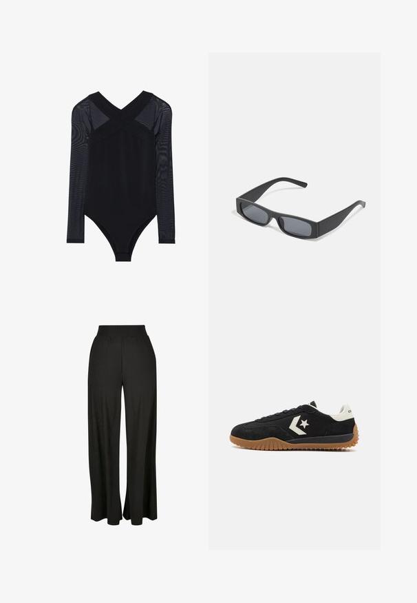 Crna bodi haljina s dugim mrežastim rukavima, dubokim V-izrezom i prilagođenim dizajnom, naglašava glatku tkaninu i suptilnu konstrukciju.; Crne široke hlače s vertikalnom rebrastom teksturom i elastičnim visokim pojasom. Ima bočne džepove i lepršavi dizajn tkanine.; Crne suède tenisice s bijelom kožnom petom i logom, s teksturiranom gumenom potplatom i ravnim vezanjem.; Crne pravokutne sunčane naočale s tamnim lećama i debelim mat okvirima. Naočale su lagano sužene s glatkom teksturom.
