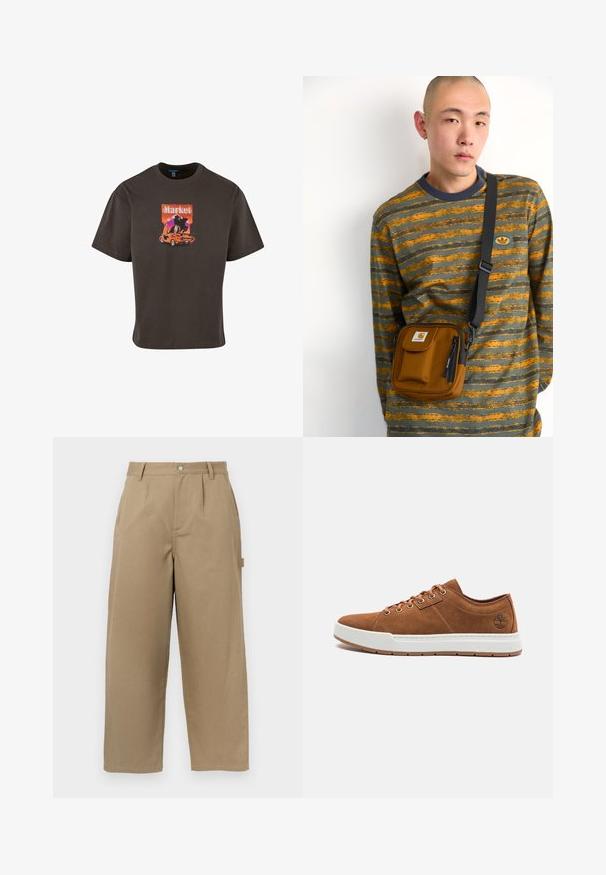 Dark brown cotton t-shirt featuring a graphic print of a car and the word "Market" in vibrant colors, with a relaxed fit and short sleeves.; Beige wide-leg trousers made of cotton blend, featuring a high waist, front pleats, and two side pockets with a button closure.; Brown suede sneakers with white rubber sole, round toe, six metal eyelets, and embossed logo detail on the side. Classic lace-up design.; Brown fabric crossbody bag with zipper and front pocket; worn over a gray and orange striped long-sleeve shirt with logo patch.