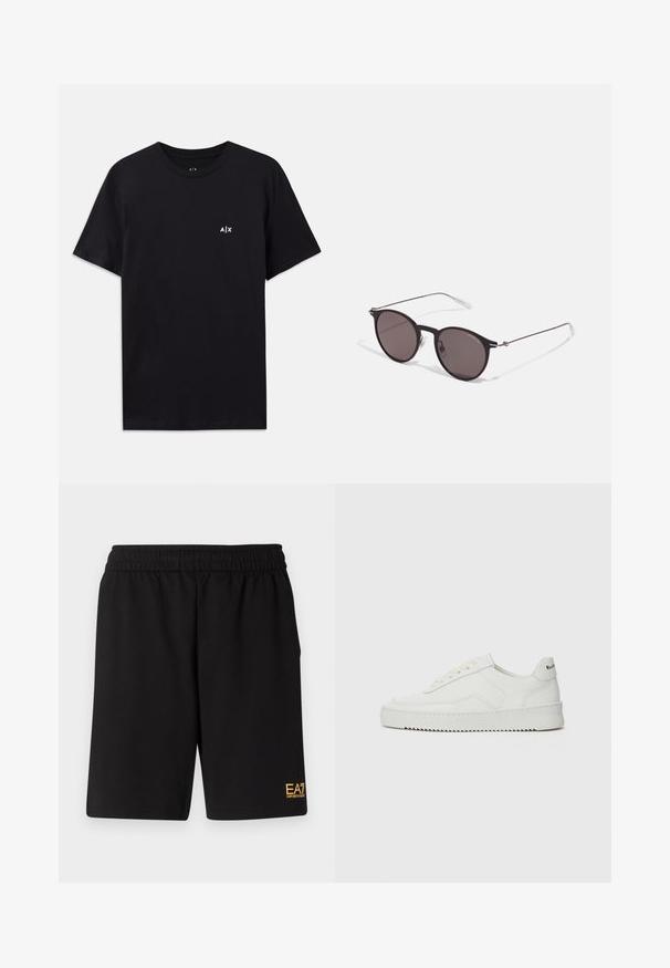Fekete pamut póló, rövid ujjú, kereknyakú, bal mellrészen egy apró fehér "A|X" logóval. Simább textúrával.; Fekete sportnadrág puha anyagból, rugalmas derékkal és egy kis sárga EA7 logóval a bal alsó lábszáron.; Fehér bőr sportcipő sima felülettel, kerek orral, lapos fűzőkkel és texturált talppal. Finom logó található a sarokon.; Fekete kerek napszemüveg sötét lencsékkel és karcsú fém szárakkal. Átlátszó szárvégeket és ezüst részleteket tartalmaz az ívnél. Minimalista dizájn.
