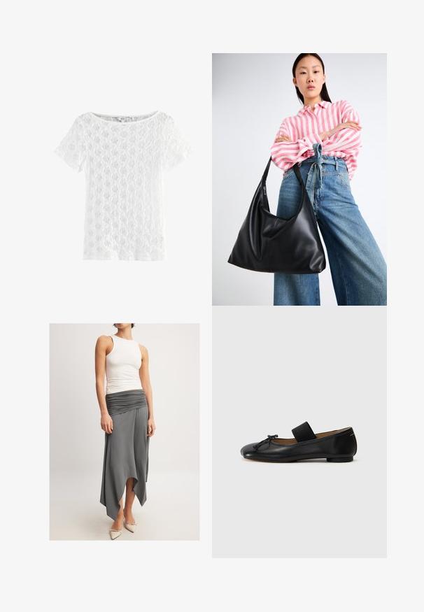 Valge lühikeste varrukatega ülikond, mis on valmistatud pitsist, ümmarguse kaelusega ja mustriga tekstuuriga, millel on avatud kudumise disain.; Varrukateta valge top, millele on sobitatud voolav hall seelik, millel on rüüti vöökoht ja asümmeetriline äär. Mudel kannab beeži kontsaga jalanõusid.; Mustad nahast balletisandaalid ümmarguse ninaga, väikese lipsuDetailiga ja elastse rihmaga jalapöidla kohal, mis tagab kindla istuvuse. Lame talla. ; Must musta õlakott lahtise kuju ja õmbluse detailidega. Mudel kannab roosa ja valge triibulist särki koos laia jalgadega siniste teksadega.