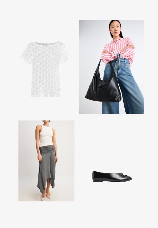 Bela kratka majica s kratkimi rokavi iz čipke, z okroglim ovratnikom in vzorčasto teksturo z odprtim tkanjem.; Bela majica brez naramnic v kombinaciji s tekočo sivo krilo z nabrano elastiko in asimetričnim robom. Manekenka nosi bež pete.; Črne usnjene balerinke z okroglo konico, majhno pentljo spredaj in nizkim, fleksibilnim podplatom. Gladka tekstura po celotni površini.; Črna usnjena torba preko ramena z ohlapno obliko in šivnimi detajli. Model nosi roza in belo črtasto srajco ter široke modre kavbojke.