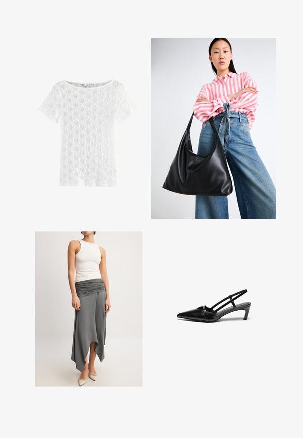 Biała bluzka o krótkich rękawach wykonana z koronki, z okrągłym dekoltem i wzorzystą teksturą o otwartej strukturze.; Beżowy top na ramiączkach zestawiony z luźną, szarościową spódnicą z marszczonym pasem i asymetrycznym dołem. Modelka ma na sobie beżowe, wysoki obcasach.; Czarne lakierowane buty typu slingback z wydłużonym noskiem, pojedynczym paskiem i niskim, regularnym obcasem. Gładka tekstura z minimalnymi akcentami.; Czarna skórzana torebka na ramię o luźnym kształcie i detalach szwów. Model nosi różową koszulę w białe paski oraz szerokie niebieskie dżinsy.