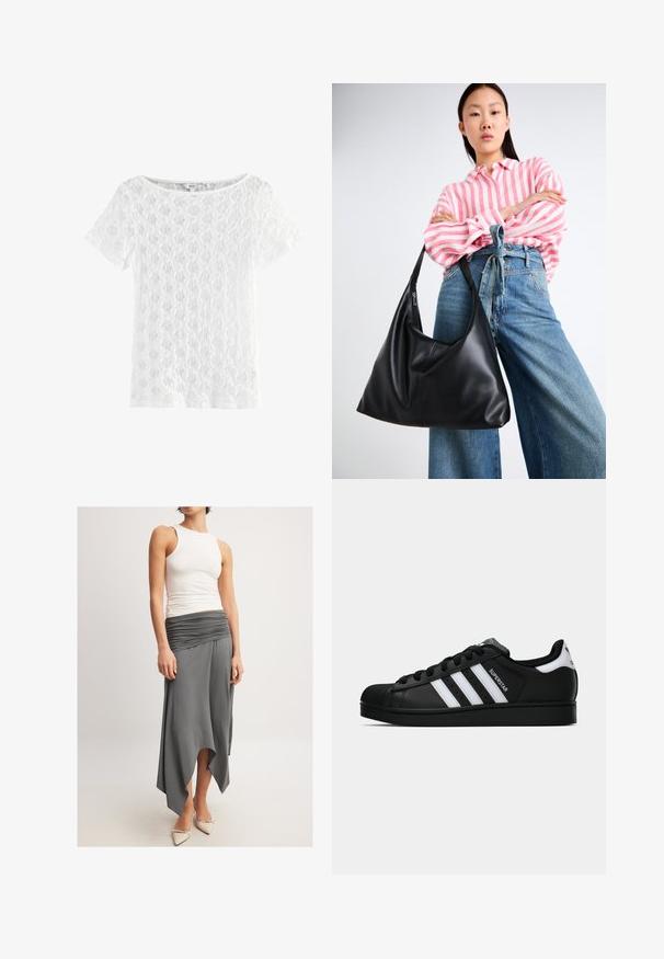 Witte top met korte mouwen, gemaakt van kant, met een ronde halslijn en een gepatterde textuur met een open geweven ontwerp.; Mouwloze witte tanktop gecombineerd met een vloeiende grijze rok met een gerimpelde tailleband en een asymmetrische zoom. Het model draagt beige hoge hakken.; Zwarte Adidas Superstar sneaker met witte strepen, schelpneus en 'Superstar' tekst aan de zijkant, afgebeeld in zijaanzicht op een witte achtergrond.; Zwarte leren schoudertas met een slungelige vorm en naden. Model draagt een roze en witte gestreepte blouse met wijde blauwe jeans.