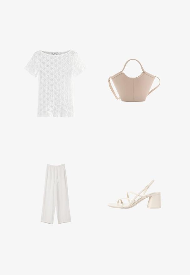 Haut blanc à manches courtes en dentelle, avec un col rond et une texture à motif avec un design à mailles ouvertes.; Pantalons larges blancs en tissu léger. Dotés d'une taille élastique avec cordon de serrage et de poches latérales. Texture lisse.; Sandales à talons beiges avec des fines brides entrecroisées, bout ouvert et un talon carré. Fini en vernis lisse, bride de cheville réglable.; Sac à main en cuir beige avec une forme unique, doté de deux poignées courtes et d'une longue sangle réglable. Texture lisse avec un minimum de matériel.