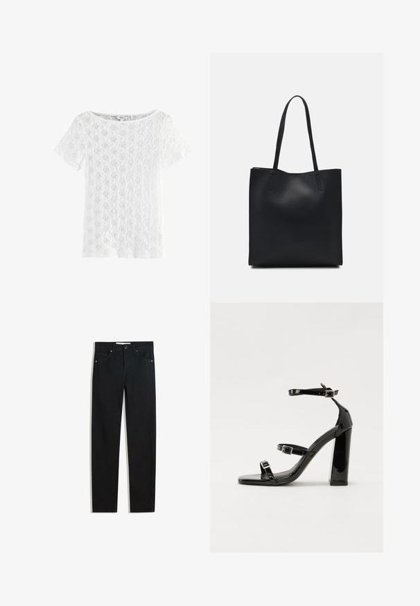 Bílý krátký rukáv top vyrobený z krajky, s kulatým výstřihem a vzorovanou texturou s otevřeným tkaním.; Černé džínové kalhoty se střihem rovného nohavice, pěti kapsami, kovovým zapínáním a jemnými prošitými detaily. Hladká textura.; Černé lakované sandály na podpatku se čtveratou špičkou, lýtkovými pásky a stříbrnými přezkami. Disponují masivním blokovým podpatkem pro stabilitu.; Černá kožená taška přes rameno s hladkým povrchem, obdélníkovým tvarem a dvěma dlouhými uchy. Žádné viditelné kování ani ozdoby.