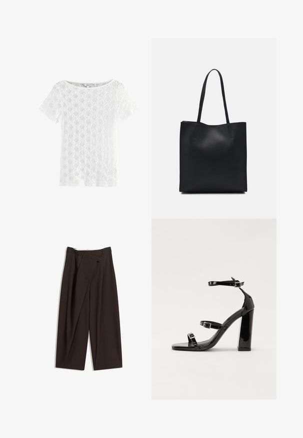 Top scurt alb cu mânecă scurtă, din dantelă, cu guler rotund și textură modelată, având un design cu țesătură deschisă.; Pantaloni largi de culoare maron închis, cu talie înaltă, având închiere cu un singur nasture și un față pliată. Confectionați dintr-un material ușor.; Sandale cu toc din patent negru, cu vârf pătrat, curele la gleznă și catarame din argint. Dispune de un toc gros pentru stabilitate.; Geantă tote neagră din piele, cu textură netedă, formă rectangulară și două mânere lungi. Fără hardware vizibil sau ornamente.
