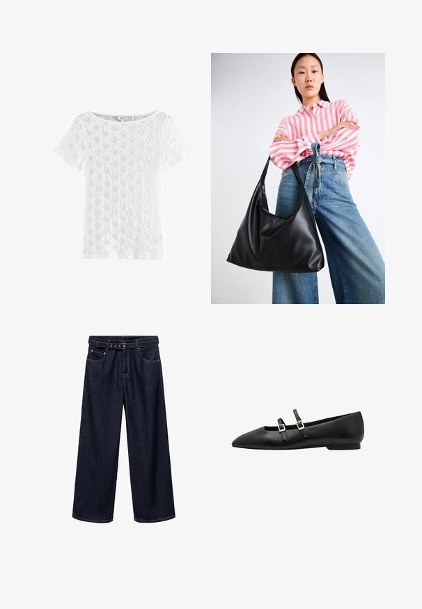 White short-sleeve top made from lace, featuring a round neckline and patterned texture with an open weave design.; Dark blue wide-leg jeans made of denim. Features a belted waistband with multiple buttons, front pockets, and a clean finish at the hems.; Black leather flat shoe with a pointed toe, featuring two black straps and gold square buckles. Smooth texture and low-profile sole.; Black leather shoulder bag with a slouchy shape and seam details. Model wears a pink and white striped shirt with wide-leg blue jeans.