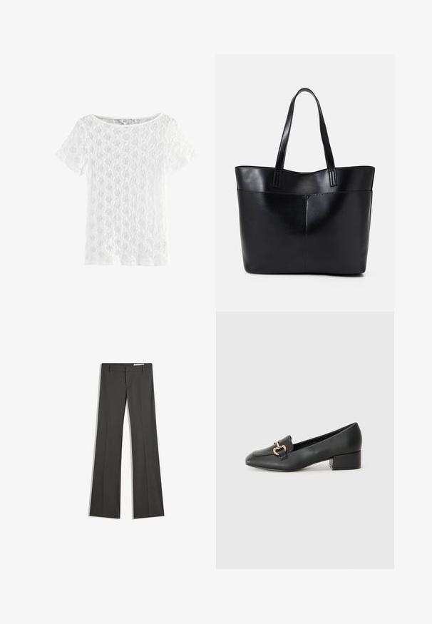 Bijela kratka majica s kratkim rukavima od čipke, s okruglim izrezom i uzorkom teksture s otvorenim tkanjem.; Sive razrezane hlače od glatkog materijala, s ravnim prednjim dijelom, petljama za remen i krojem s čistim linijama.; Crne kožne mokasine s ravnim potplatom, s dekorativnim zlatnim detaljem sprijeda i glatkom teksturom.; Crna kožna torba s dugim ručkama, glatkom teksturom i strukturiranim oblikom. Ima prednju džep za dodatno pohranu.