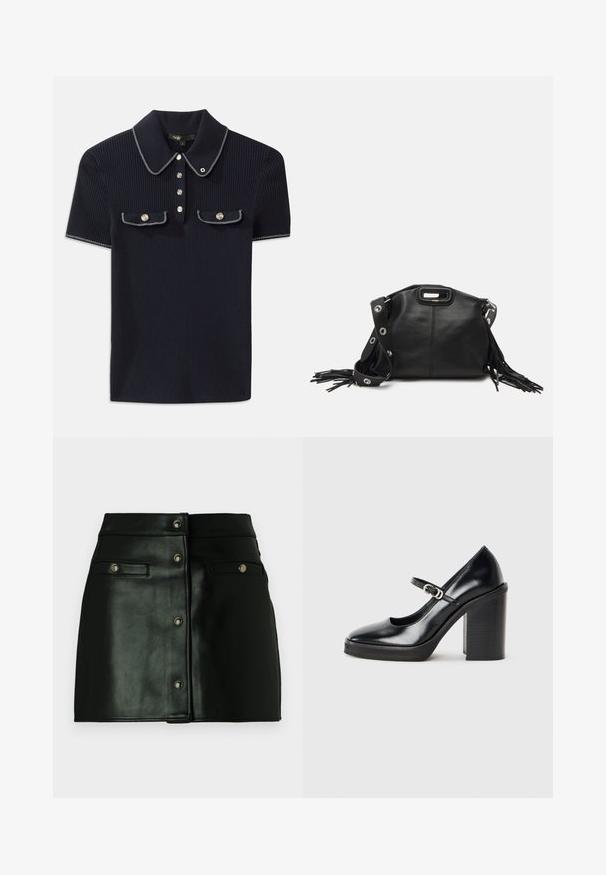 Marineblauwe geribbelde polo met een puntige kraag, korte mouwen en twee voorzakken met drukknoopsluiting; afgewerkt met witte stiksels accentueert.; Zwarte leren minirok met een voorknopsluiting, twee voorzakken en metallic accenten. Glad oppervlak met een aansluitend ontwerp.; Zwarte lakleren hoge hak schoen met een ronde neus, enkelband, zilveren gesp detail en een stevige blokhak.; Maje MISS MINI - Schoudertas - noir