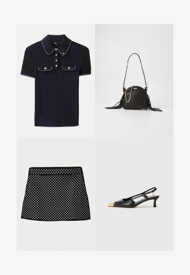 Jūros mėlynos spalvos šonkaityta polo marškinėliai su smailiu apykakle, trumpomis rankovėmis ir dviem priekinėmis kišenėmis su šonu užsegamais mygtukais; išryškinti baltais siūlų akcentais.; Juodas mini sijonas su perforuotu dizainu, puošyboje sidabrinės studės, turintis lygią juosmenį ir tiesią apatinę siūlę.; Juodas odinis slingback batelis su smailiu pirštu ir auksine metaline nose. Pasižymi išpjovimo dizainu ir plonu kulnu su reguliuojamu dirželiu.; Juoda odinė rankinė su apvalia forma, puošta kutais, ilgu peties diržu ir auksine grandinėle.