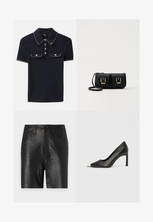 Jūras spēku ribots polo krekls ar norādītu apkakli, īsām piedurknēm un divām priekšējām kabatām ar pogām; uzsvērts ar baltām šuvēm.; Melnas ādas šorti ar gludu tekstūru, aprīkoti ar priekšējo rāvējslēdzēju, pogu aizdari un klasisko piecu kabatu dizainu.; Melns ādas augstpapēžu kurpes ar smailu purngalu un metāliski sudraba uzgali. Ir gluda apdare un slaids 10 cm augsts papēdis.; Melnas ādas crossbody soma ar divām priekšējām kabatām, zelta sprādzēm, ar rāvējslēdzēju aizdari un šauru siksnu. Strukturēta virsma un kompakta taisnstūra forma.