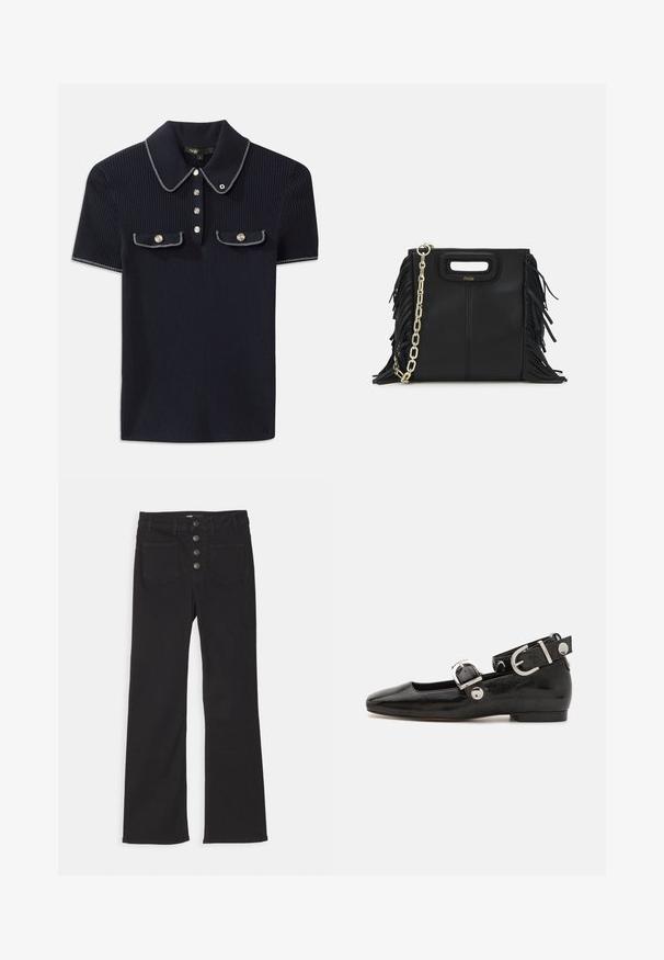 Sötétkék bordázott póló, hegyes gallérral, rövid ujjakkal és két elülső zsebbel, amelyek patentgombokkal záródnak; fehér varrási díszítésekkel kiemelve.; Fekete, bővülő szárú farmernadrág, magas derékkal, öt zsebes dizájnnal és elöl négy fémből készült gombbal záródik.; Fekete lakkbőr lapos cipő négyzet alakú orral, ezüst hardware-rel ellátott bokapánttal és lapos talppal. Simaságával és minimalista dizájnjával kiemelkedő.; Fekete bőr kézitáska, frufrus részletekkel, arany láncos vállpánttal és kivágott fogantyúval. Az elülső részen logó található.