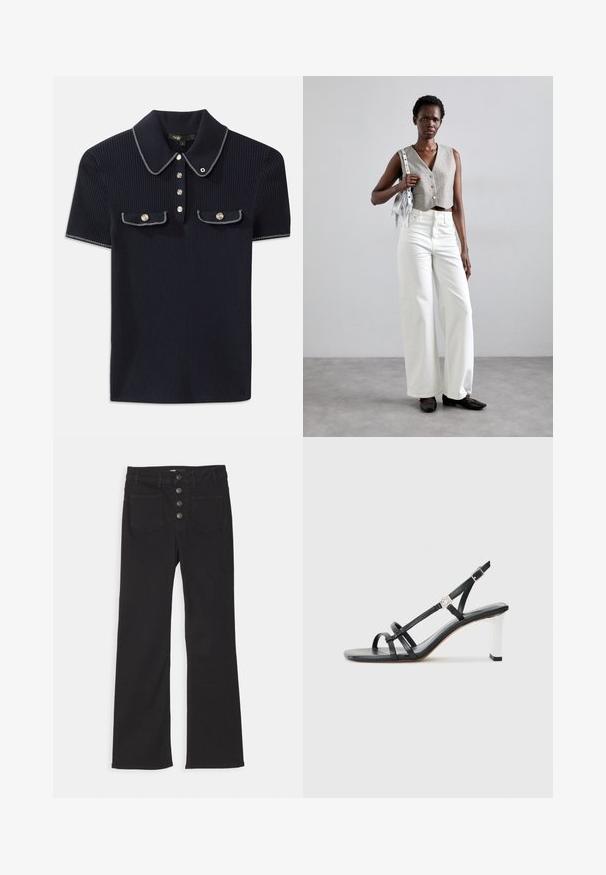 Námořnicky modrý žebrovaný polo tričko s špičatým límcem, krátkými rukávy a dvěma předními kapsami se zacvakávacími knoflíky; zvýrazněné bílými švy.; Černé zvonové džíny s vysokým pasem, designem s pěti kapsami a předním zapínáním na čtyři kovové knoflíky.; Černé sandály na podpatku s několika úzkými pásky, designem s objímáním paty a stříbrným akcentem na podpatku. Hladký svrchní materiál a čtvercový podpatek.; Šedý zkrácený vest, doplněný bílými širokými džíny a černými plochými botami. Doplňková malá stříbrná kabelka s třásněmi.