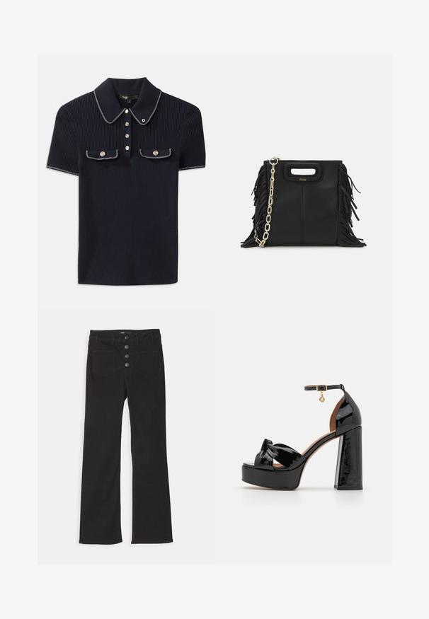 Námořnicky modrý žebrovaný polo tričko s špičatým límcem, krátkými rukávy a dvěma předními kapsami se zacvakávacími knoflíky; zvýrazněné bílými švy.; Černé zvonové džíny s vysokým pasem, designem s pěti kapsami a předním zapínáním na čtyři kovové knoflíky.; Maje Sandály na vysokém podpatku - noir; Černá kožená kabelka s třásněmi, zlatým řetízkovým ramenním popruhem a rukojetí s výřezem. Na přední straně se nachází logo.