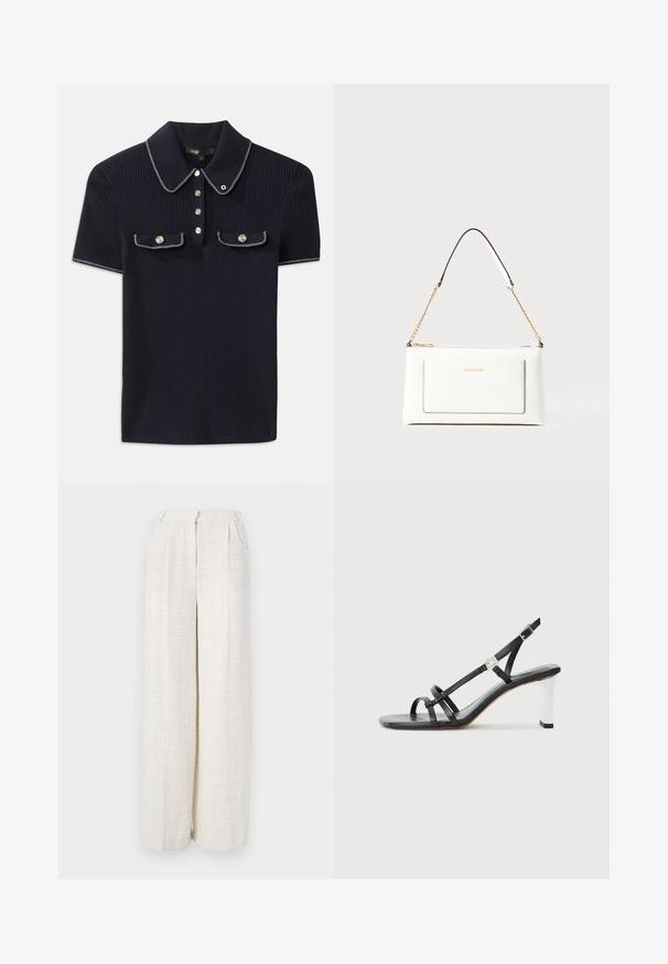 Marinblå ribbad polo-shirt med spetsig krage, korta ärmar och två framfickor med knappslut; framhävd med vita sömdekorationer.; Breda byxor i en ljus beige tyg med ett strukturerat, vävt mönster. Har en framåtriktad midja och inga synliga knäppningar.; Svarta klacksandaler med flera smala remmar, slingbackdesign och en silveraccent på klacken. Slät ovandel av material och fyrkantig klack.; Vit läderhandväska med texturerad yta, med guldkedjeslinga och svarta accenter. Inkluderar en framsida ficka och dragkedjestängning.