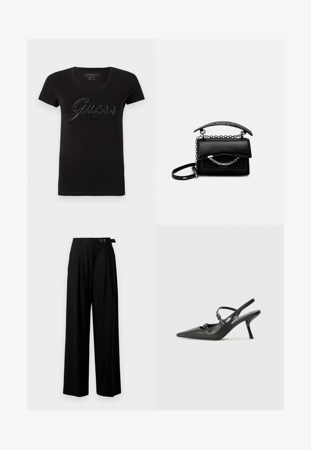 Black cotton t-shirt with short sleeves and a round neckline. Features a glossy "Guess" logo in rhinestones across the front.; Black wide-leg trousers with a high waist, pleats at the front, and a belt featuring a buckle. Made from smooth, lightweight fabric.; Black leather slingback heels with a pointed toe, slender heel, and decorative buckle detail on the vamp. Smooth texture and sleek design.; Black leather handbag with a structured design, chain and handle accents, and a textured surface. Features a flap closure with branding visible.