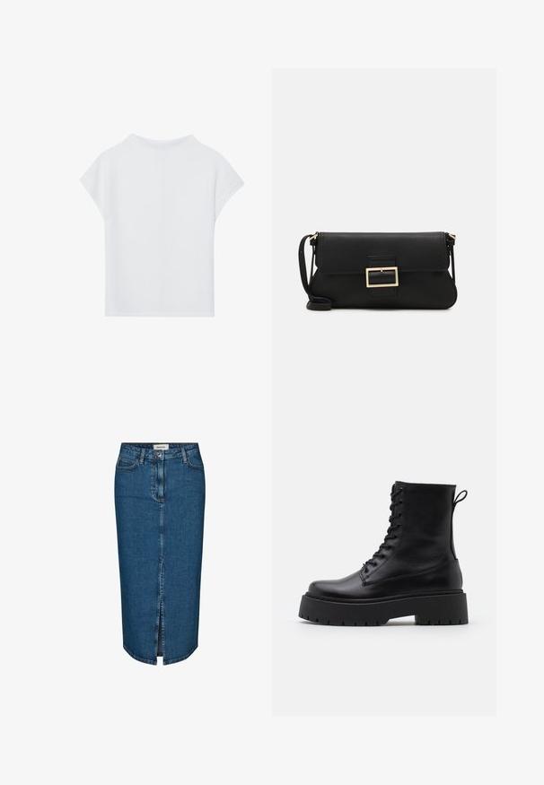 Balts īsām piedurknēm topiņš ar brīvu piegriezumu, vieglu tekstūru un apaļu apkakli. Aizmugurējā skata attēls rāda vienkāršu, gludu dizainu.; Tumši zila denima zīda svārki ar priekšējo izgriezumu, piecām kabatām un kontrastējošām šuvēm. Vidēja augstuma jostasvieta ar klasisku dizainu.; Melni ādas potītēm zābaki ar apļveida purngalu, auklām priekšpusē un biezu gumijas zoli ar teksturētu protektoru. Velkšanas cilpa aizmugurē.; Melnas ādas saķeres soma ar atloku un zelta metāla sprādzi. Ietver melnu siksnu un elegantu, minimālistisku dizainu.