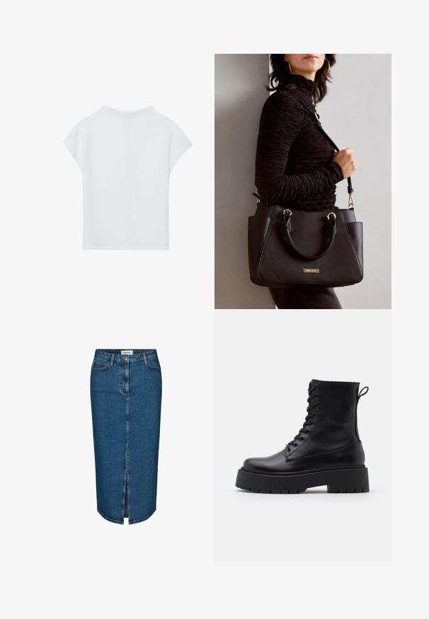 Valkoinen lyhythihainen toppi, jossa on rento leikkaus, kevyt materiaali ja pyöreä kaula-aukko. Takakuvassa näkyy sileä ja yksinkertainen muotoilu.; Tummansininen denim-mekko, jossa on edessä halkio, viisi taskua ja kontrastiväriset saumat. Keskikorkea vyötärö ja klassinen muotoilu.; Musta nahkainen nilkkureita, joissa on pyöreä kärki, nauhakiinnitys edessä ja paksu kumipohja, jossa on teksturoitu pinta. Takana vetotappi.; Musta käsilaukku, jossa on teksturoitu pinta, kaksi yläkantta ja säädettävä olkahihna. Varustettu kultasävyisillä varusteilla ja sivutaskuilla.