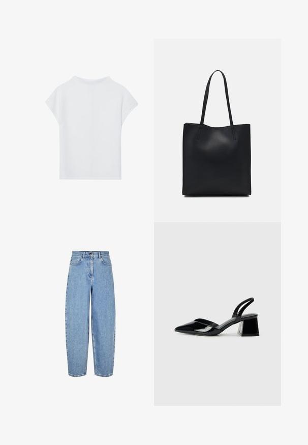 Vit kortärmad topp med avslappnad passform, lätt textur och rundad halsringning. Bakifrån syns en slät och enkel design.; Ljust blå, hög midja jeans i denim med avslappnad passform, raka ben, fem fickor och subtila blekningar vid låren.; Svarta lackläder slingback klackar med spetsig tå och geometrisk klack. Har en elegant, minimalistisk design och slät yta.; Svart lädertoffelväska med slät textur, rektangulär form och två långa handtag. Ingen synlig hårdvara eller dekorationer.
