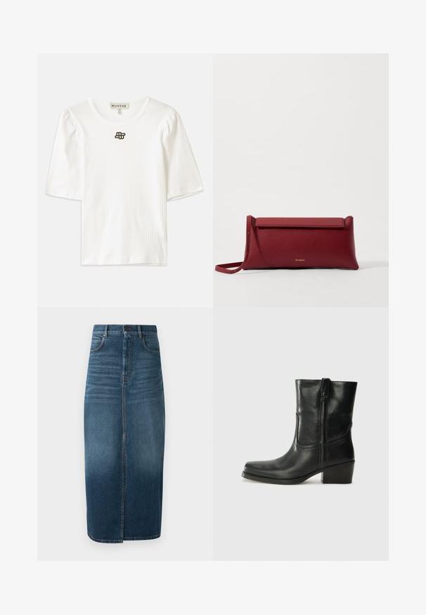 Witte geribbelde top met korte mouwen en een ronde halslijn. Heeft subtiele pofmouwen en een klein bruin logo-detail aan de voorkant in het midden.; Denim midi-rok in donker indigo, met een voorkeursplit en een lichte vervaging. Klassiek vijf-pocket ontwerp met metalen knoopsluiting.; Zwarte leren enkellaars met een ronde neus, blokhak, zijrits en stikselaccenten op de wreef. Gladde textuur, klassiek ontwerp.; Rode leren clutch met een gestructureerde afwerking, met een vlakke omvouwtop en een korte strap. Subtiele merklogo op de voorkant.