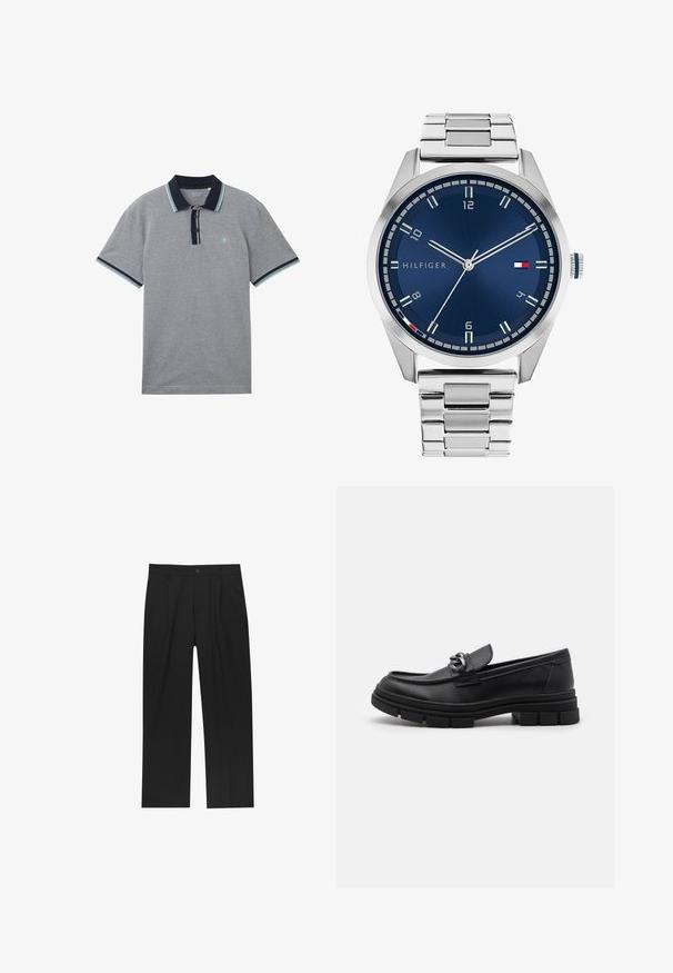 TOM TAILOR Piké - navy white two tone pique; Svarta byxor med rak ben-design, tillverkade av ett jämnt tyg. Har framfickor och en enkel knapplåsning i midjan.; Svart läderloafersko med rund tå, en dekorativ rem och hårdvara, samt en chunky texturerad sula. Slät finish med subtila detaljer.; Silver metall klocka med en borstad blå urtavla, vita timmarkörer och en datumvisning. Har ett länkande metallarmband och varumärkeslogotyp.