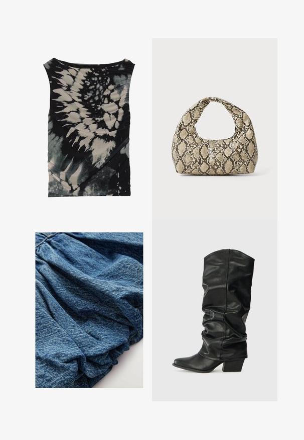 Top senza maniche nero e crema con effetto tie-dye, caratterizzato da un collo drappeggiato e un tessuto testurizzato, con arricciature diagonali e modelli variabili.; Canottiera in beige con design a tessitura aperta. Caratterizzata da bordi ondulati, un motivo floreale lavorato nel tessuto e senza maniche.; Tessuto denim di un blu intenso, caratterizzato da una texture arricciata che crea morbide pieghe. Superficie liscia con leggere variazioni di colore.; Stivali neri in pelle, alti fino al ginocchio, con design morbido, punta affusolata e tacco spesso, caratterizzati da una texture liscia e cuciture minime.; Borsa a stampa rettile con manico curvo. Realizzata in materiali testurizzati beige e marroni, presenta un distintivo motivo a rombi.