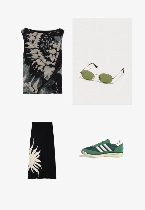 Top bez rukava u crnoj i krem boji s efektom tie-dye, s drapiranim izrezom i teksturiranim materijalom, koji sadrži dijagonalno nabrane detalje i različite uzorke.; Crna suknja s velikim bijelim dizajnom sunca s jedne strane, meke teksture i lepršavog kroja, pogodna za svakodnevno nošenje.; Zeleni atletski tenisice koje sadrže kombinaciju antilopa i sintetičkih materijala, tri bijele pruge i strukturiranu gumenu potplate.; Ovalne sunčane naočale sa zelenim lećama, okvirom od zlatnog metala i tamnosmešnim plastičnim vrhovima. Lagane i sa vidljivim Ray-Ban logom na jednoj leći.; Srebrne metalne naušnice s valovitim, skulpturalnim dizajnom, naglašenim sjajnom završnom obradom i nepravilnim oblicima, što ističe suvremeni estetski izraz.