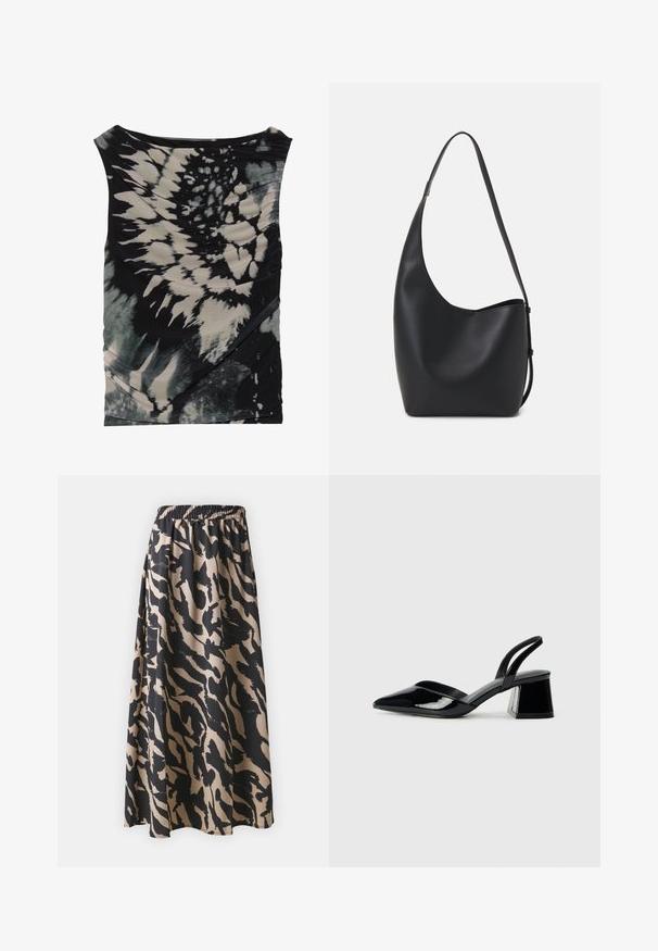 Sleeveless black and cream tie-dye top with a draped neckline and textured fabric, featuring diagonal ruching and varying patterns.; Black and beige long skirt with an elastic waistband, featuring an abstract animal print pattern and a flowing silhouette.; Black patent leather slingback heels with a pointed toe and a geometric block heel. Features a sleek, minimal design and smooth texture.; Black leather hobo bag with a smooth texture, curved shape, and single adjustable strap; features a wide opening at the top.