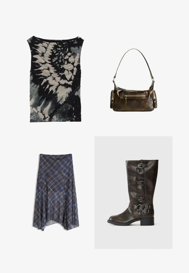 Sleeveless black and cream tie-dye top with a draped neckline and textured fabric, featuring diagonal ruching and varying patterns.; Black plaid skirt featuring blue and brown lines, flowing design, mid-length, made from lightweight fabric with a smooth texture.; Brown leather knee-high boots with multiple buckles, a round toe, and a low chunky heel. Features a textured finish and adjustable straps.; Brown leather handbag with a curved shape, silver hardware, and two zippered pockets on the front. Adjustable shoulder strap included.