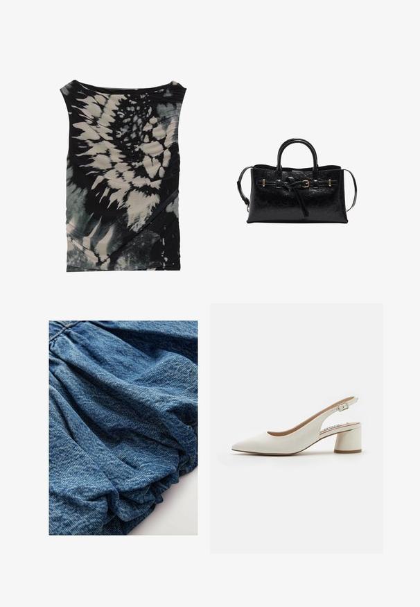 Top senza maniche nero e crema con effetto tie-dye, caratterizzato da un collo drappeggiato e un tessuto testurizzato, con arricciature diagonali e modelli variabili.; Tessuto denim di un blu intenso, caratterizzato da una texture arricciata che crea morbide pieghe. Superficie liscia con leggere variazioni di colore.; Punto di vista bianco in pelle con punta affusolata, tacco a blocco di altezza media e cinturino regolabile. Texture liscia; design minimalista.; Borsa a tracolla in pelle nera con una finitura testurizzata, forma strutturata, doppi manici e una tracolla removibile. Accenti in metallo color oro.