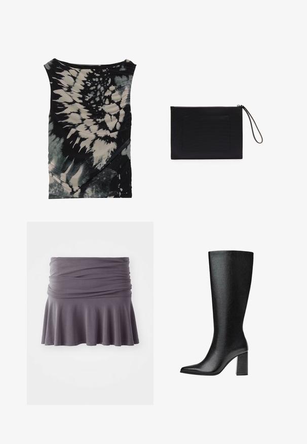Top bez rukávů v černé a krémové barvě s technikou batikování, s volným výstřihem a texturovanou tkaninou, obsahující diagonální nařasení a různé vzory.; Šedá sukně po kolena vyrobená z měkké tkaniny se shromážděným pasem a rozšířeným spodním okrajem. Vyznačuje se hladkou texturou a jednoduchým designem.; Černé kozačky nad kolena vyrobené z umělé kůže s špičatou špičkou, hladkým povrchem a robustním blokovým podpatkem. Minimalistický design bez viditelných dekorací.; Černá psaníková taška vyrobená z texturované tkaniny s obdélníkovým tvarem, vybavená zipovým uzávěrem a zápěstním popruhem. Obsahuje přední kapsu.