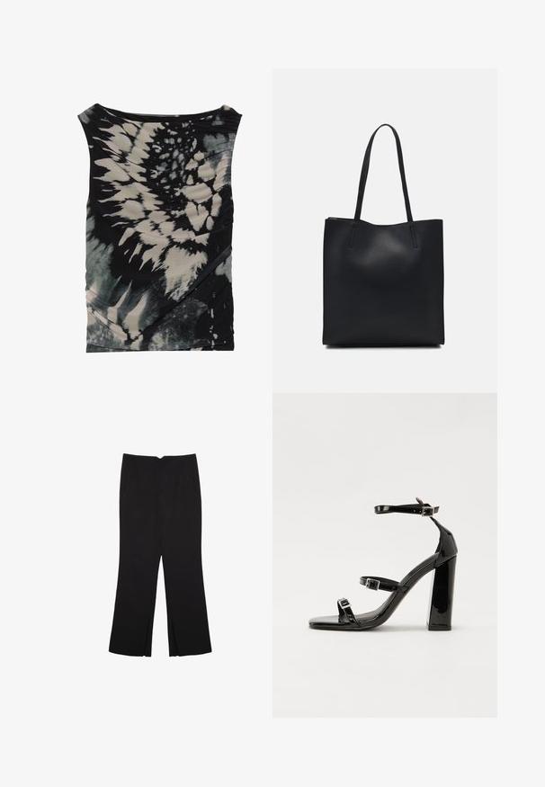 Ärmelloses Top in Schwarz und Creme mit Batikmuster, das einen drapierten Ausschnitt und strukturierten Stoff aufweist, mit diagonalen Rüschen und unterschiedlichen Mustern.; Schwarze Hose mit geradem Schnitt, ausgestattet mit Fronttaschen und Seitenschlitzen am Saum. Hergestellt aus weichem, glattem Stoff. Geeignet für verschiedene Anlässe.; Schwarze patentierte Sandalen mit Absatz, quadratischer Spitze, Knöchelriemen und silbernen Schnallen. Mit einem stabilen Blockabsatz für mehr Stabilität.; Schwarze Laptoptasche aus Leder mit glatter Textur, rechteckiger Form und zwei langen Griffen. Keine sichtbaren Beschläge oder Verzierungen.