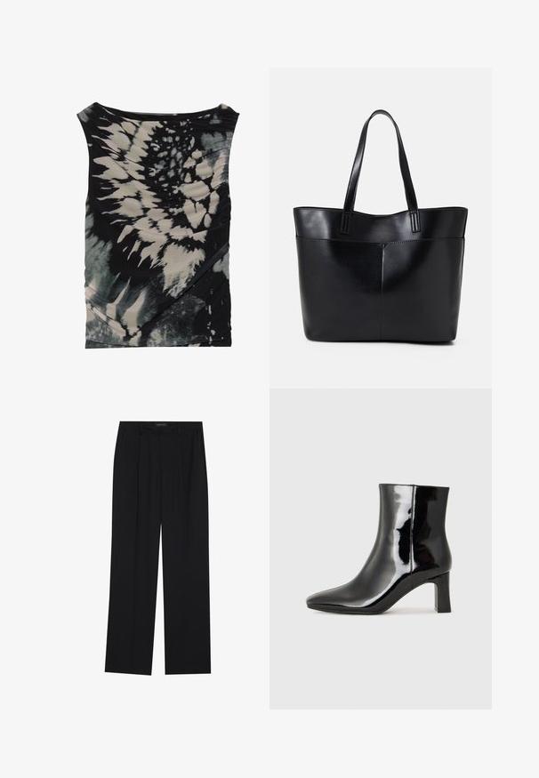 Top bez rukava u crnoj i krem boji s efektom tie-dye, s drapiranim izrezom i teksturiranim materijalom, koji sadrži dijagonalno nabrane detalje i različite uzorke.; Crne hlače ravnog kroja, s dva prednja džepa i pojasom. Izrađene od glatkog, laganog materijala.; Crne lakirane kožne gležnjače s šiljastim prstom i srednje visokom blok petom. Glatka tekstura i minimalistički dizajn.; Crna kožna torba s dugim ručkama, glatkom teksturom i strukturiranim oblikom. Ima prednju džep za dodatno pohranu.