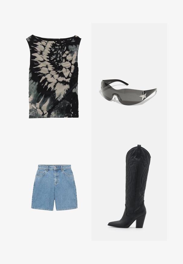 Sleeveless black and cream tie-dye top with a draped neckline and textured fabric, featuring diagonal ruching and varying patterns.; Denim shorts in light blue, featuring a high waist, four pockets, and visible stitching. Made of textured denim fabric.; Zign Cowboy/Biker boots - black; Black sunglasses with a wrap-around design, dark tinted lenses, shiny star-shaped accents, and adjustable nose pads.; Black leather shoulder bag with a textured finish, featuring a chain accent, adjustable strap, and silver hardware details.