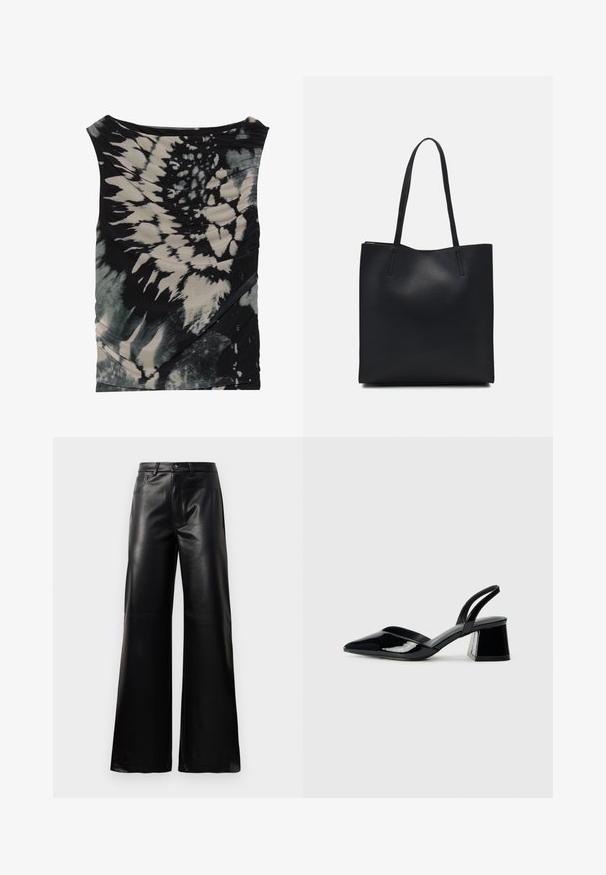 Top sans manches noir et crème en tie-dye avec un décolleté drapé et un tissu texturé, présentant un ruché diagonal et des motifs variés.; Pantalons larges en faux cuir noire taille haute avec bouton avant, fermeture éclair, passants de ceinture et poches latérales sur fond blanc.; Escarpins en cuir verni noir avec bout pointu et talon bloc géométrique. Présente un design élégant et minimaliste ainsi qu'une texture lisse.; Sac fourre-tout en cuir noir avec une texture lisse, de forme rectangulaire et deux longues poignées. Pas de matériel ou d'ornementations visibles.