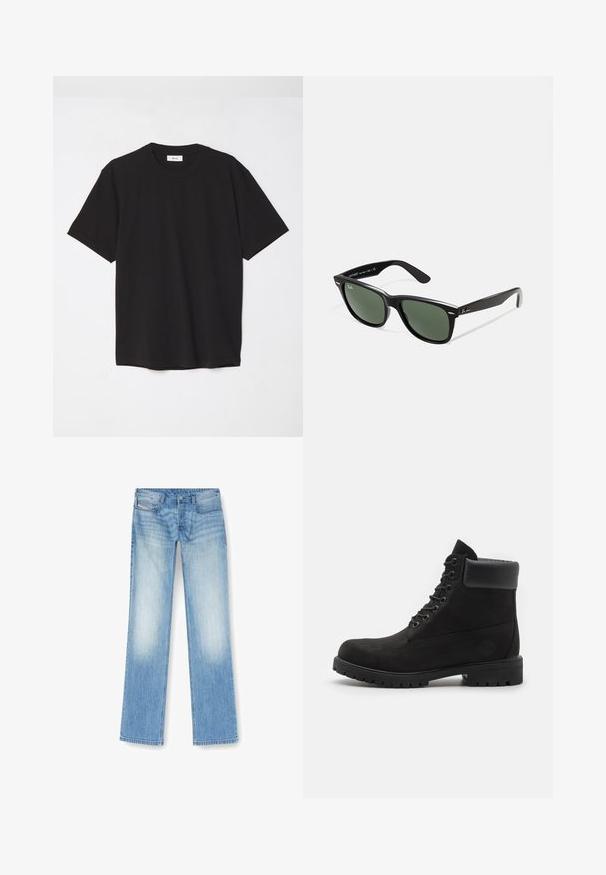 T-shirt de algodão preto com decote redondo, mangas curtas e um corte descontraído. Design simples, textura suave e sem padrões ou logótipos visíveis.; Jeans de perna reta azul claros feitos de denim, com um acabamento desbotado, design de cinco bolsos e detalhes de costura visíveis ao longo das costuras.; Bota de tornozelo preta com atacadores, com colarinho acolchoado e sola robusta, apresentada em perfil contra um fundo branco.; Óculos de sol de plástico preto com lentes verdes, armações quadradas, detalhe prateado na sobrancelha e hastes texturizadas. Marca indicada na parte interna da haste.