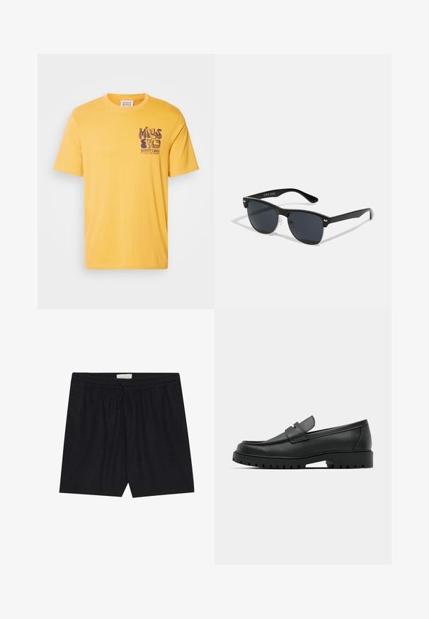 Geltonas medvilninis marškinėliai su apvaliu iškirpimu ir trumpomis rankovėmis. Pasižymi purpuriniu grafiniu spaudiniu kairėje krūtinės pusėje.; Juodi šortai su elastingu juosmeniu ir raiščiu, pasižymintys glotnia tekstūra ir tiesiu kirpimu, tinkami kasdieniam dėvėjimui.; Juodi odiniai loaferiai su apvalia nosimi, su siuvinėtu dizainu, žemu platformos padu ir tekstūruotu, sukibimo raštu padu.; Juodos saulės akinių su stačiakampiu rėmeliu, tamsiais lęšiais, sidabrinėmis detalėmis šventrajose ir matinio paviršiaus rėmeliu.