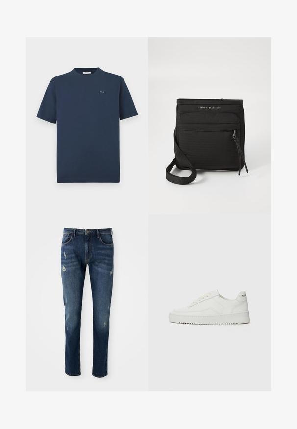 Marineblauwe T-shirt met korte mouwen en ronde hals, met een klein wit "NN. 07" logo op de linkerborst tegen een witte achtergrond.; Donkerblauwe denim jeans met slim fit, lichte slijtage op de dijen en knieën, klassiek vijf-pocket ontwerp en knoopsluiting.; Witte leren sneaker met een gladde afwerking, ronde neus, platte veters en een gestructureerde zool. Kenmerkt zich door een subtiel logo op de hiel.; Zwarte Emporio Armani schoudertas met voorzak met rits, verstelbare strap en logo-detail op gestructureerde stof.