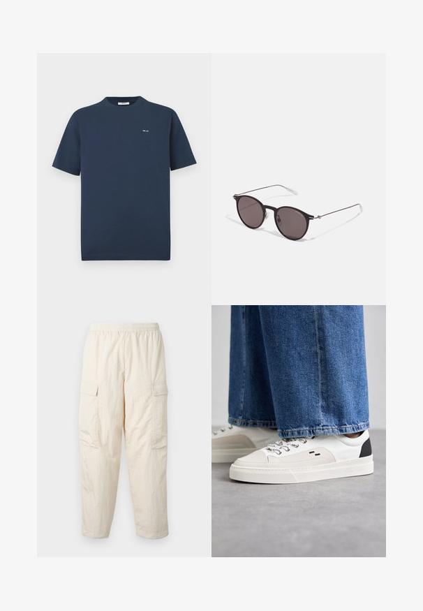 Marineblå kortærmet t-shirt med rund hals og lille hvid "NN. 07" logo på venstre bryst mod en hvid baggrund.; Beige cargo-bukser med elastisk talje, der har to sidelommer og et blødt, let stof. Krøllet tekstur.; Hvide og sorte sneakers med en glat læderoverdel, teksturerede detaljer og en kraftig hvid sål. Har et klassisk snørebåndsdesign.; Sorte runde solbriller med mørke linser og slanke metalarme. Inkluderer klare tempeltips og sølvdetaljer ved hængslet. Minimalistisk design.