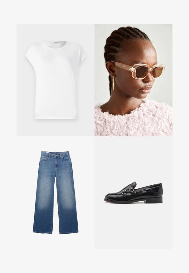 Bílé tričko s krátkým rukávem a kulatým výstřihem, měkká textura a jednoduchý design. Čisté linie s uvolněným střihem.; Široké světle modré džíny z denimu s vybledlým vzhledem, pět kapes a knoflíkové zapínání v pase. Bavlněný materiál, rovný střih.; Černé lakované kožené mokasíny se dvěma stříbrnými sponami, mírně zaoblenou špičkou a nízkým klínovým podpatkem. Texturované švy po celém svršku.; Béžové oversized sluneční brýle s transparentním rámem a hnědými skleněnými čočkami, které mají jemné květinové detaily a výrazný, geometrický design.; Hnědá kožená taška přes rameno s dvojitými uchy, s kontrastním prošíváním a prostorným designem, vhodná pro každodenní použití.