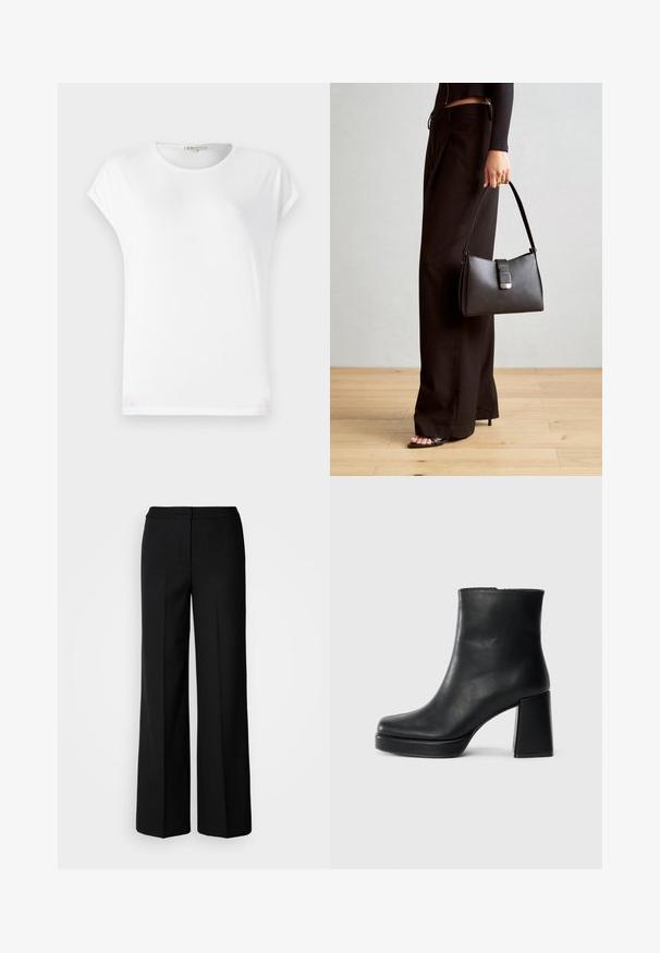 White short-sleeve t-shirt with a rounded neckline, soft texture, and a simple design. Clean lines with a relaxed fit.; Black wide-leg trousers with a smooth fabric, featuring a high waist, tailored seams, and a minimalist design. No visible hardware or pockets.; Black leather ankle boot with a block heel and platform sole, viewed from the side on a plain white background.; Black handbag with structured shape, smooth texture, and a metallic clasp. Paired with wide black pants and open-toe sandals on wooden floor.