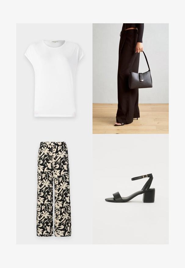 Bela kratka majica s kratkimi rokavi in zaobljenim ovratnikom, mehka tekstura in preprost dizajn. Čiste linije z sproščenim krojem.; Črne široke hlače z kremnim cvetličnim vzorcem. Narejene so iz lahkega blaga, ki ima gladko teksturo in visok pas.; Črne sandale na peto z gladkim usnjenim zgornjim delom, odprtim nosom, širokimi sprednjimi trakovi in nastavljivim gležnjenčkom z zlatim zaponko.; Črna torbica z strukturirano obliko, gladko teksturo in kovinskim zaponko. Ujemajo se z širokimi črnimi hlačami in odprtimi sandali na lesenem tleh.