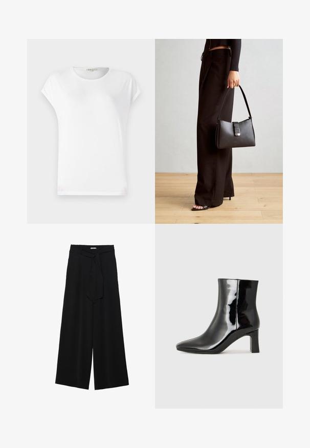 Hvit t-skjorte med korte ermer og rund hals, myk tekstur og et enkelt design. Rene linjer med en avslappet passform.; Svart vide bukser med teksturert stoff, elastisk midje og avtagbart belte som gir justerbar passform.; Sorte patentlær ankle boot med spiss tå og en mellomhøy blokkhelt. Glatt tekstur og minimalistisk design.; Svart håndveske med strukturert form, jevn tekstur og metallisk lås. Kombinert med brede svarte bukser og sandaler med åpen tå på tregulv.