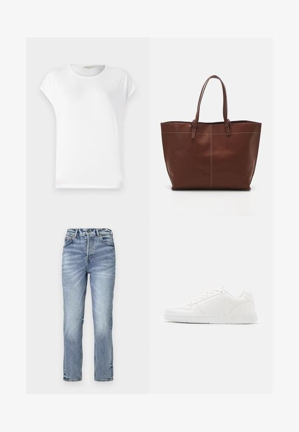 Weißes T-Shirt mit kurzen Ärmeln und rundem Halsausschnitt, weicher Textur und einem schlichten Design. Klare Linien mit einer lässigen Passform.; Hellblaue Jeans aus Denim mit geradem Schnitt, hohem Bund, verblasster Textur und fünf Taschen. Verfügt über einen Metallknopf und einen Reißverschluss.; Weißer Sneaker aus glattem synthetischem Material mit runder Spitze, Schnürdesign, flacher Sohle und dezenten Perforationen.; Braune Leder-Umhängetasche mit doppelten Griffen, verfügt über eine kontrastierende Naht und ein geräumiges Design, das sich für den täglichen Gebrauch eignet.