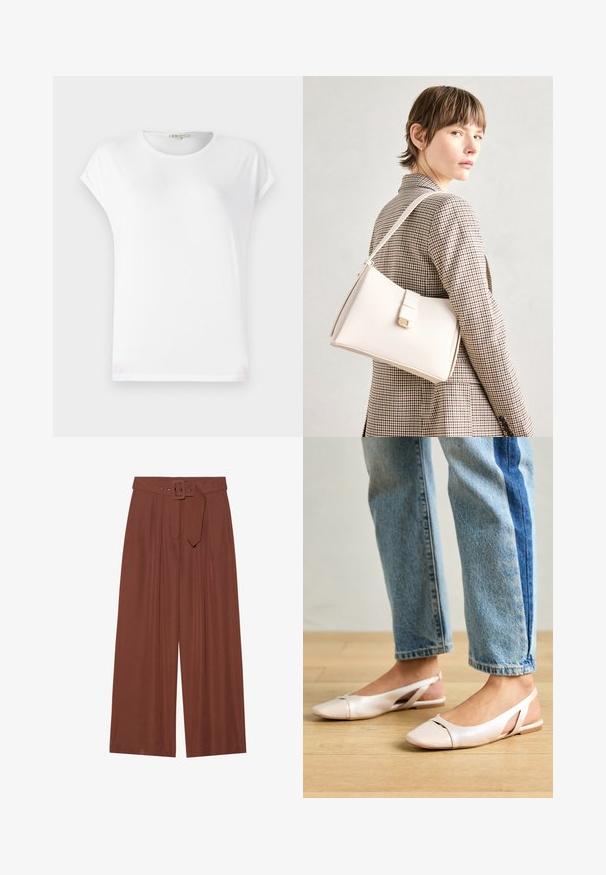 T-shirt bianco a maniche corte con scollatura rotonda, morbido al tatto e dal design semplice. Linee pulite e vestibilità rilassata.; Pantaloni a gamba larga in tessuto marrone, con cintura a fibbia quadrata, design plissettato e texture liscia.; Ballerine slingback rosa pallido con punta affusolata, realizzate in un materiale simile alla pelle liscio. Presentano dettagli a taglio sui lati e un tacco piatto.; Borsa a mano in pelle bianca con un design strutturato, presente di un clasp magnetico e una tracolla, esposta su uno sfondo neutro.